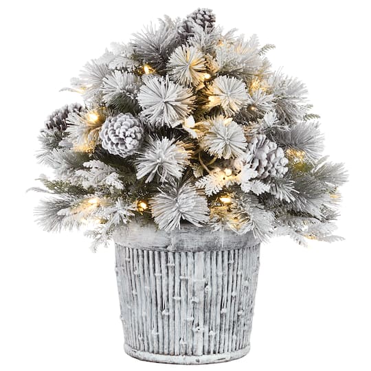22&#x22; Pre-Lit Flocked Chiwawa Basin Pine Tree With Pinecones In Gray Pot, Clear LED Lights